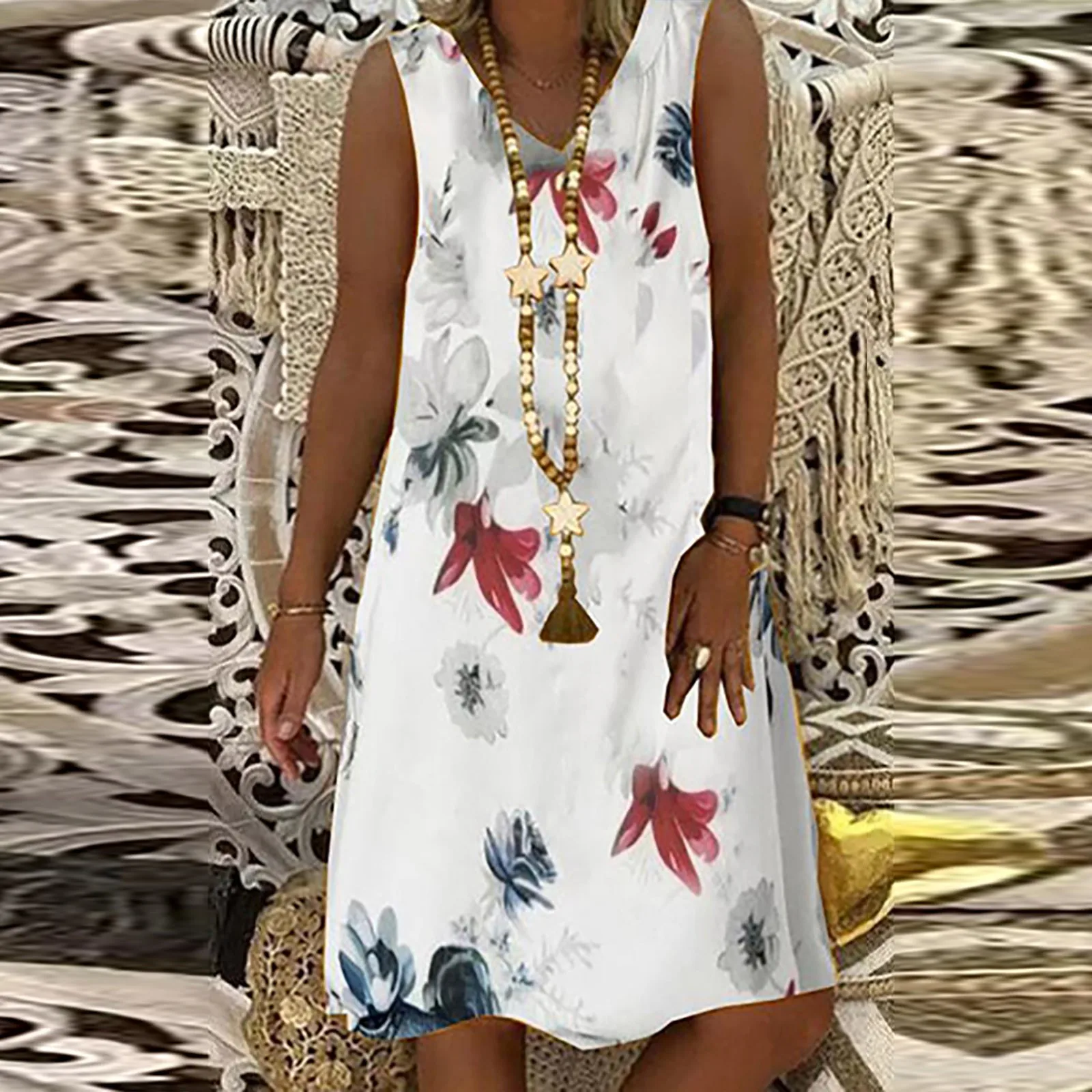 

Sleeveless Casual Dress V-Neck Print Sleeveless Flower Women Knitting Turtleneck Long Sleeve Loose Lace Cotton Casual Dress