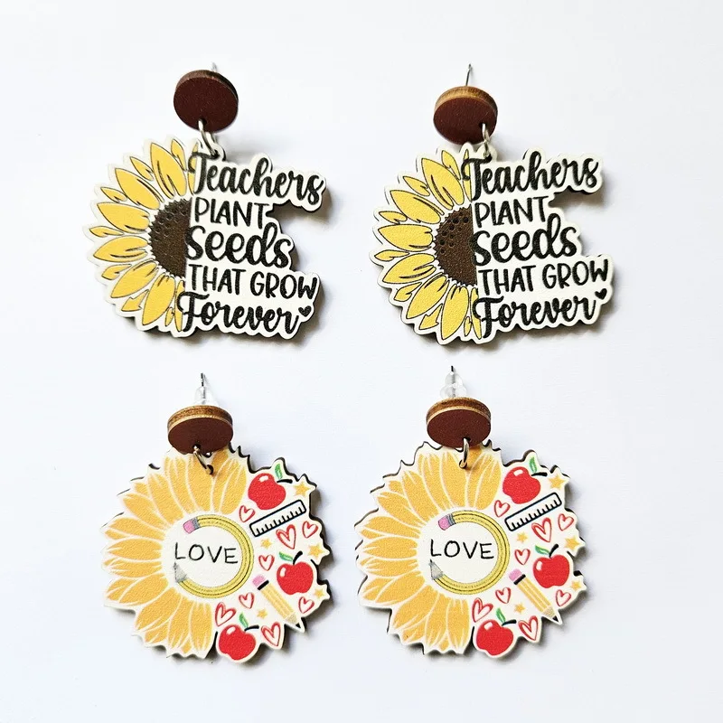 

Novelty Graduation Season Wooden Earrings Pencil Sunflower Sunflower Apple Ruler Earrings for Friend