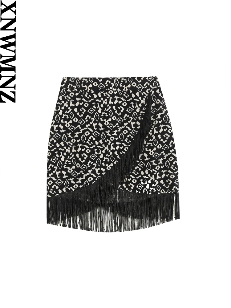 

XNWMNZ 2023 женская модная юбка с принтом с кисточками, Женская винтажная мини-юбка с высокой талией и боковой молнией с оборками