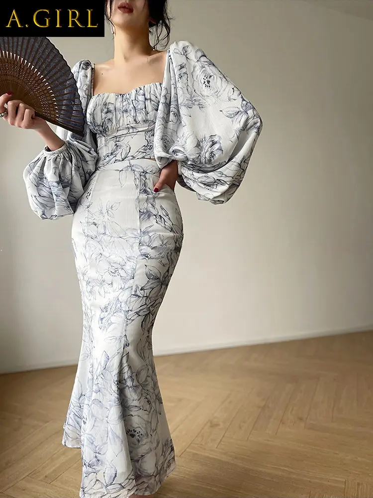 

Женский комплект из двух предметов с принтом и рукавами-фонариками