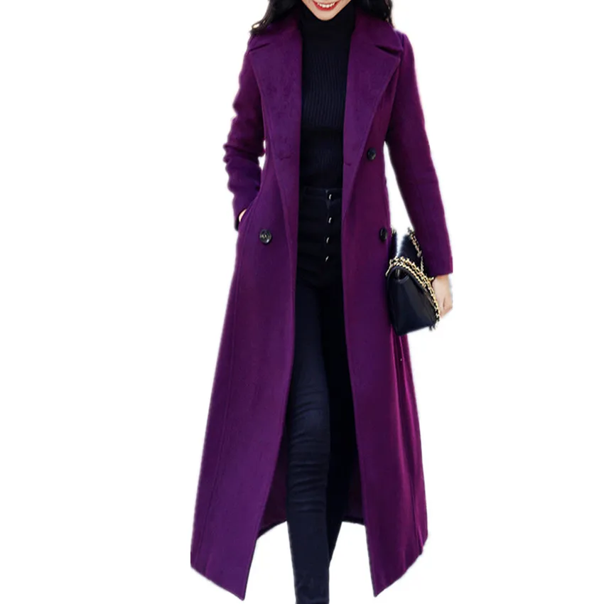 Women Autumn Winter Purple X-Long Wool Coat Belt Double Breasted Silm Woolen Warm Overcoat England Style