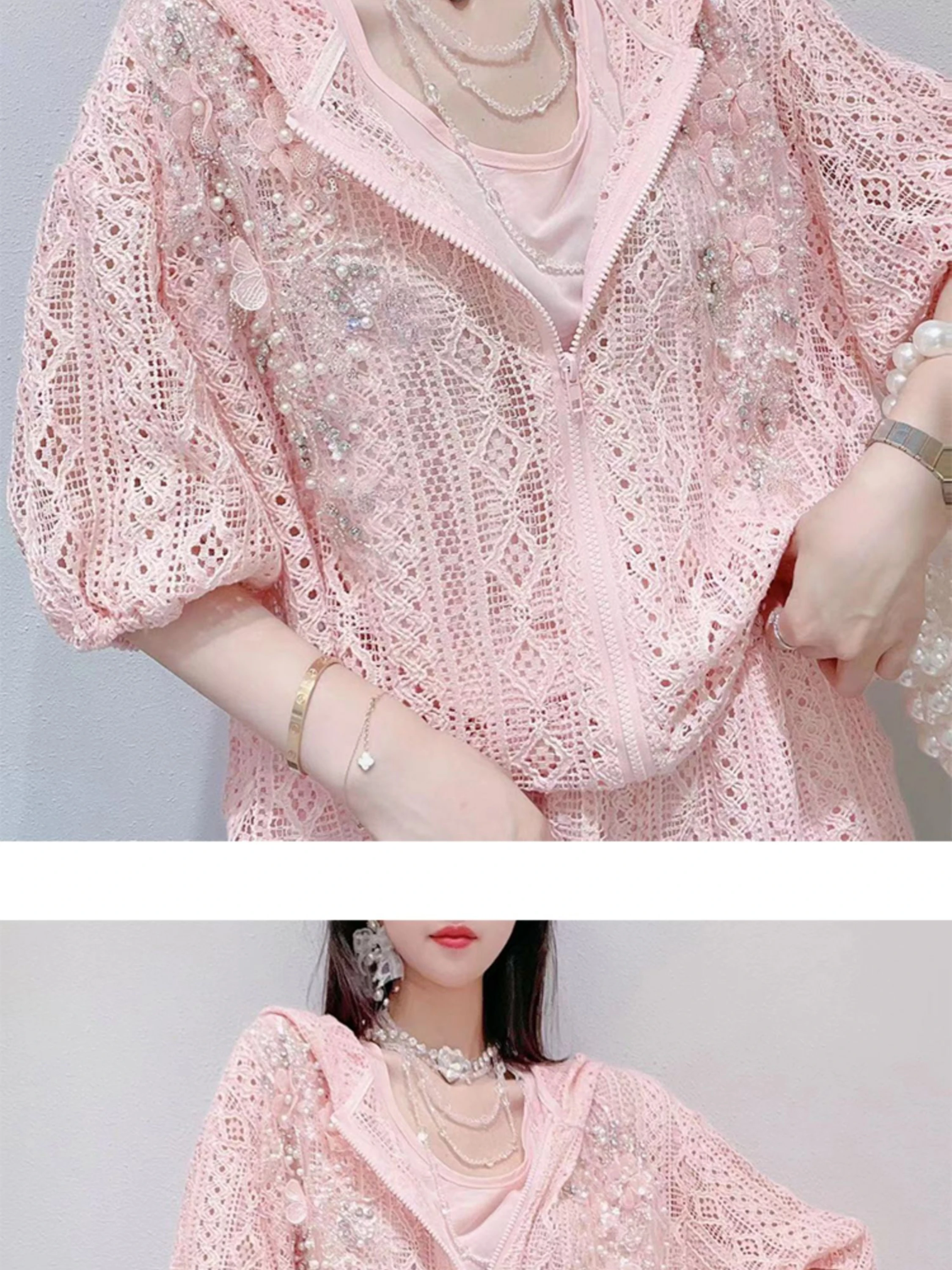Lace Fairy Two-piece Suit Female 2022 Summer New Korean Style Fashion Sweet Beads Hooded Top Women's Western Solid Casual Shorts enlarge