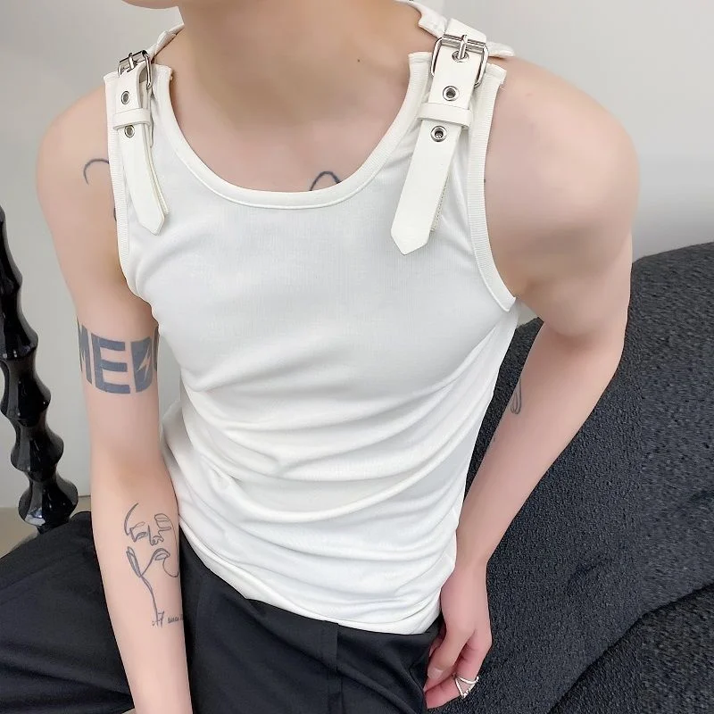 

SYUHGFA Men Clothing Solid Color Casual Sleeveless T-shirt Personalized Strap Design 2022 New Korean Style Slim Fashion Tops