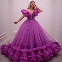 sevintage gorgeous purple tiered ruffles tulle ball gown prom dresses pearls beading dubai women long evening gown formal dress