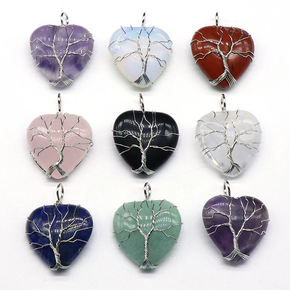 

New Natural Semi-precious Stones Love Tree of Life Pendant Necklace Men Women Couple Holiday Gifts 30x30mm Rope Chain 45CM 1PC