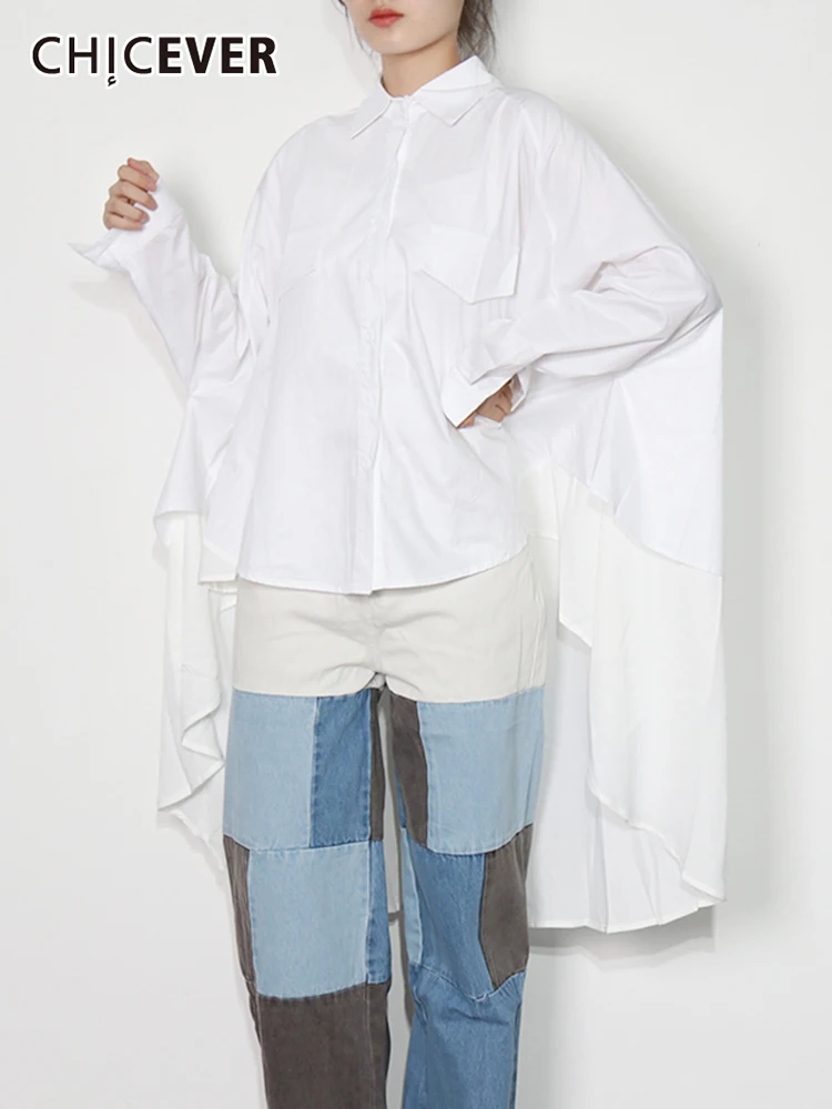 

CHICEVER Asymmetrical Plain Shirt For Female Lapel Long Sleeve Straight Casual Maxi Blouses Women 2022 Spring Fashion Clothing