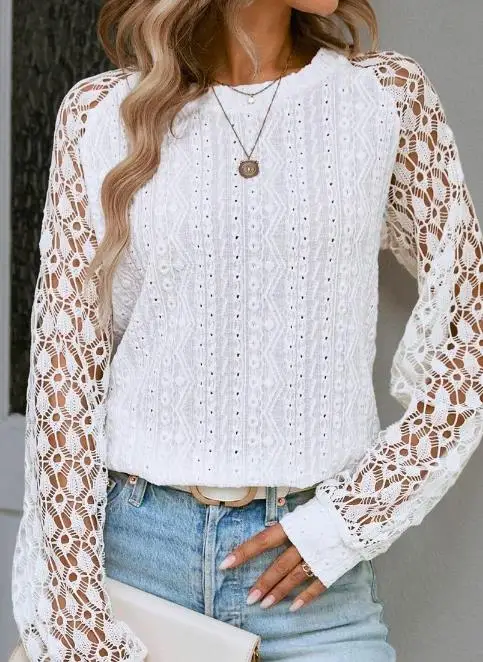 

Fashion Woman Blouse 2023 Spring Lace Stitching Hollow Out Solid Color Casual Long Sleeved Round Neck Daily T-Shirt Top
