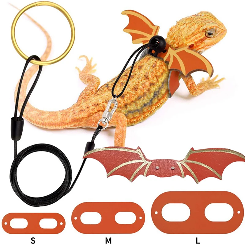 

3PC/Set For Amphibians And Other Small Reptile Lizard Harness Soft Leather Bearded Dragon Leash With Bat Wings Adjustable Cute