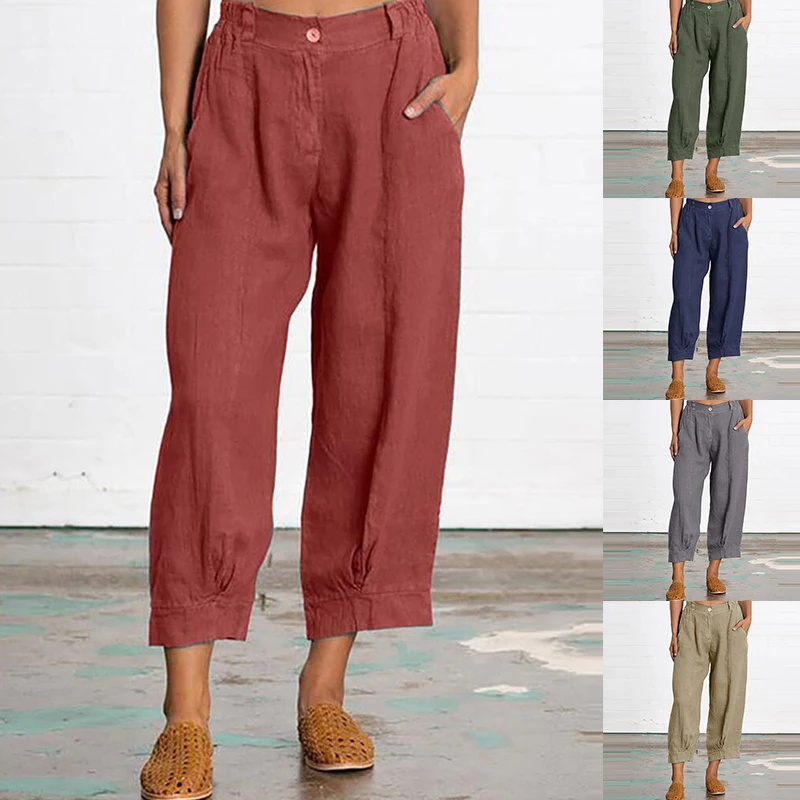 New Women Cotton and Linen Cropped Pants Summer Fashion Loose Solid Pocket Casual Pants Vintage Elastic Waist Female Trousers
