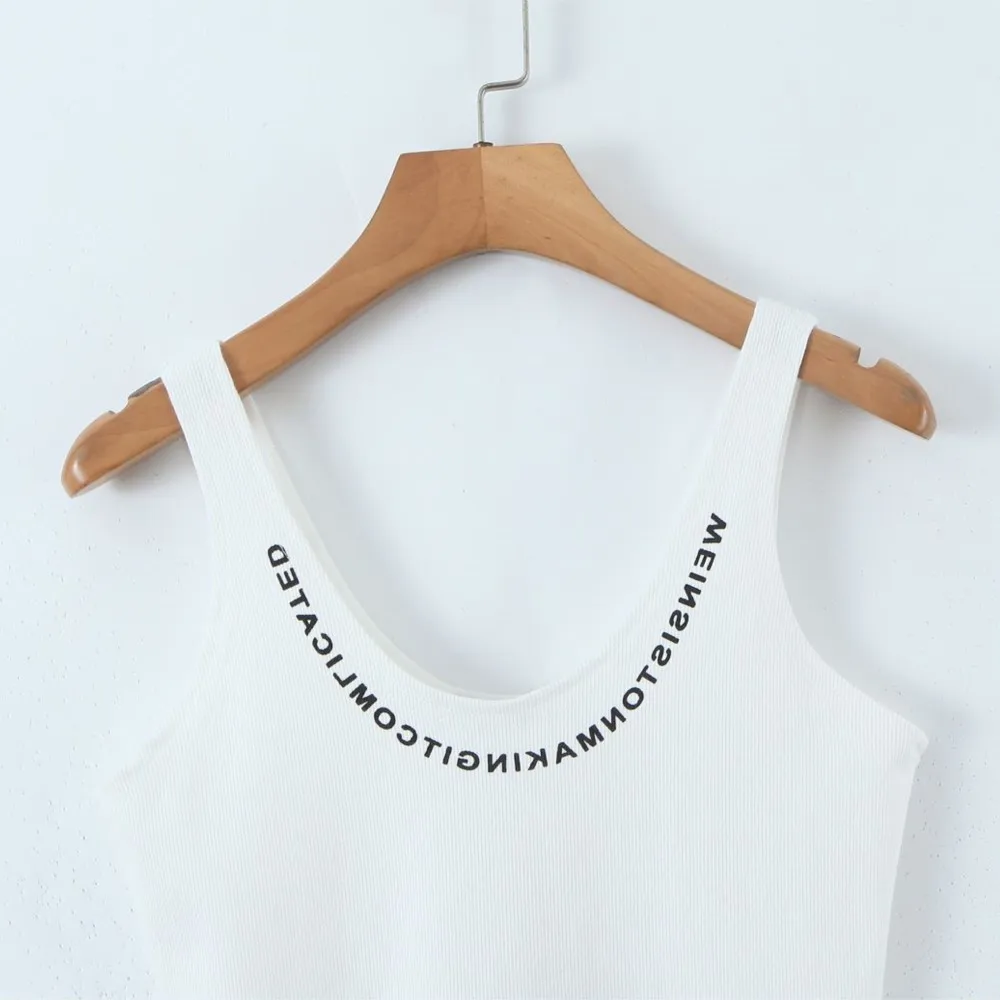 4XL Plus Size Short Tank Top Women Spring Summer Cotton Simple Neckline English Print Inner Underwaist Quality Curve Clothes