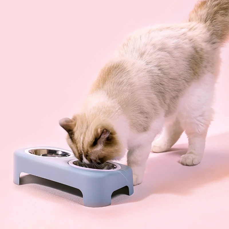 

High-footed Slope Double-bowl Pet Neck Protection Utensils Stainless Steel Pet Bowl Portable Bowl Separate Cat Dog Food Bowl