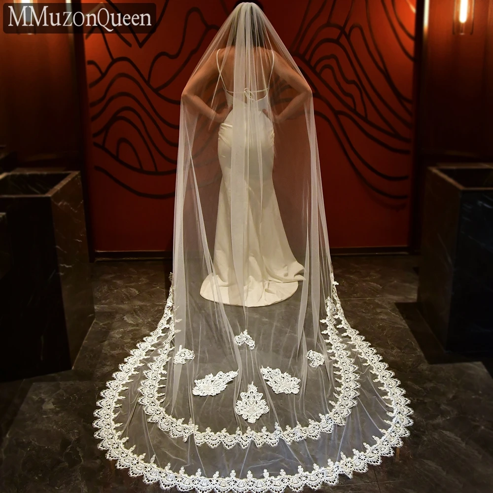 

MZA48 Lace Edge Bridal Veil 1 Tier Long Cathedral Wedding Veils For Bride White/Off White Tulle Yarn Wedding Accesories