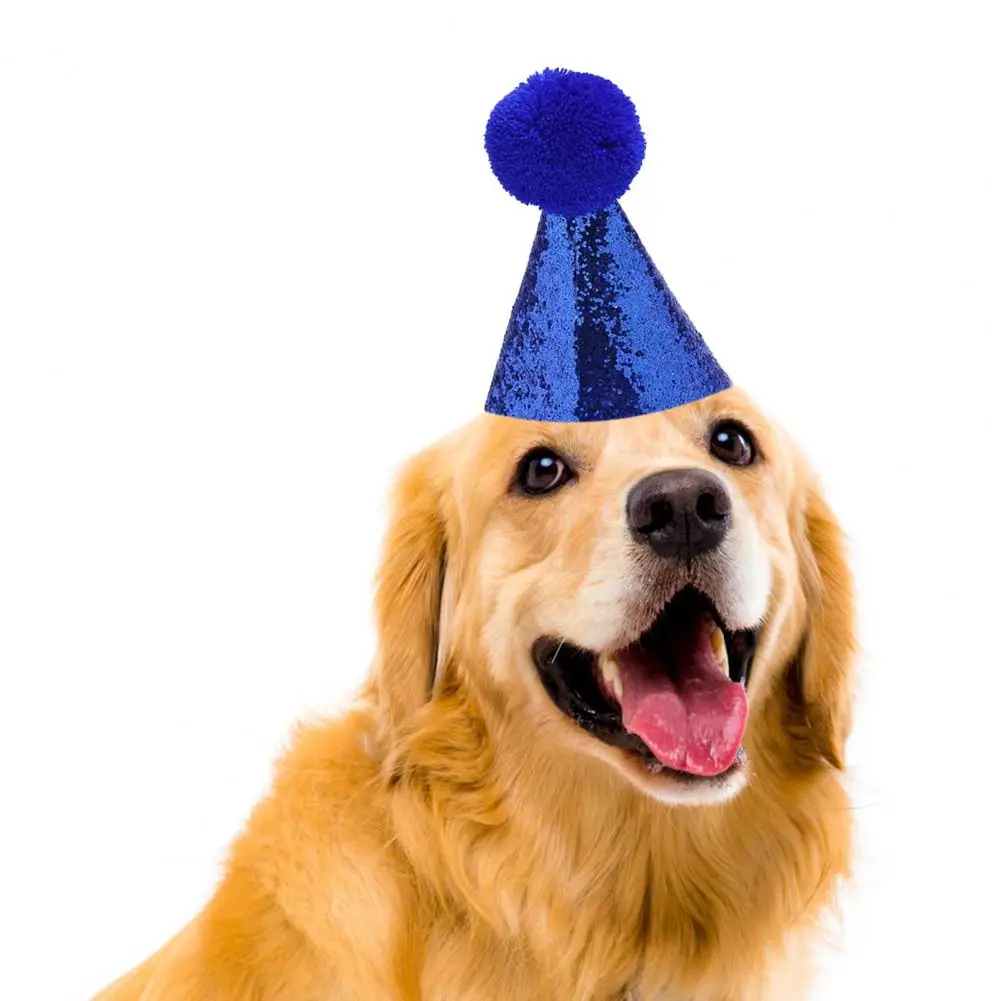 

Elastic Tie Strap Pet Hat Sparkling Sequin Pet Party Hat with Plush Ball Decoration Adjustable Elastic Band for Cosplay