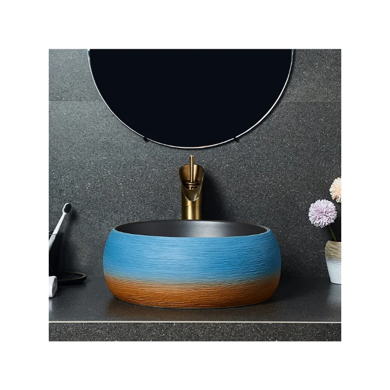 

China Painting Ceramic Art Porcelain Bathroom Vessel Sinks Blue Round Countertop Sink Wash Basin