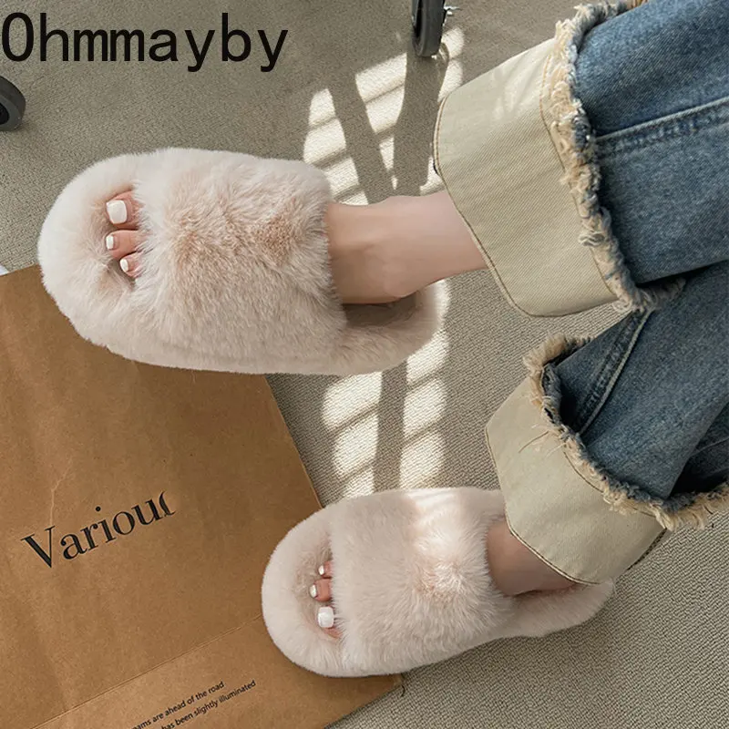 

Женские меховые домашние тапочки, модные теплые шлепанцы на толстой подошве с открытым носком, повседневная обувь на весну 2023
