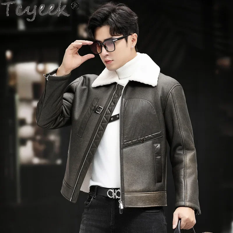 Tcyeek пальто из натурального овчины винтажная куртка натуральной кожи мужская