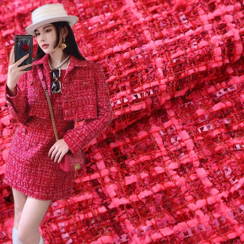 

50x145cm Red Color Lattice Wool Yarn-Dyed Braided Tweed Fabric For Women Autumn Jacket Dress Suits Coat Handbag DIY Cloth Sewing