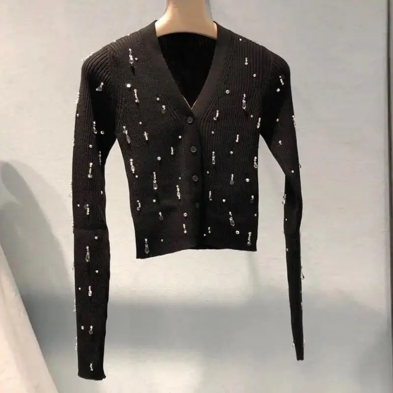 

Brand Design Beaded Diamond Luxury Top Long-Sleeved Knitted Black Cardigans V-Neck Slim Short Sweater Women Korean Fashion