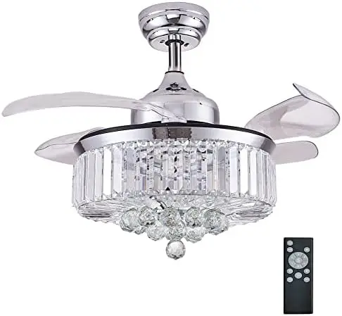 

with Lights, Fandelier, Retractable Crystal Chandelier with Remote Control LED Light for Bedroom Living Room Polished Chrome Si