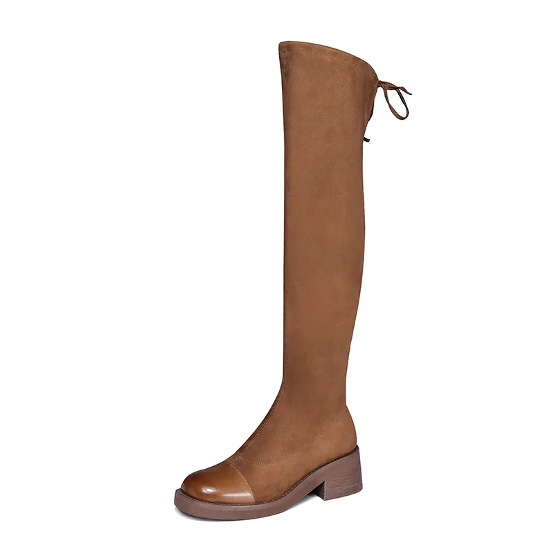 

2023 Winter New Fashion Cowhide Elastic Boots Back Lace Up High Sleeve Boots Over Knee Long Boots Women's Shoes