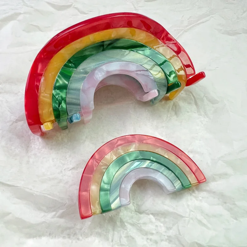 

Wholesale New Creative Design Semicircle Splicing Rainbow Hair Clip Claw Simple Rainbow Acetic Acid Shark Clip Hair Accessories