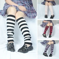 goth lolita leg warmers japanese stripe knee high leggings women gothic long socks winter knitted cuffs foot ankle warmer