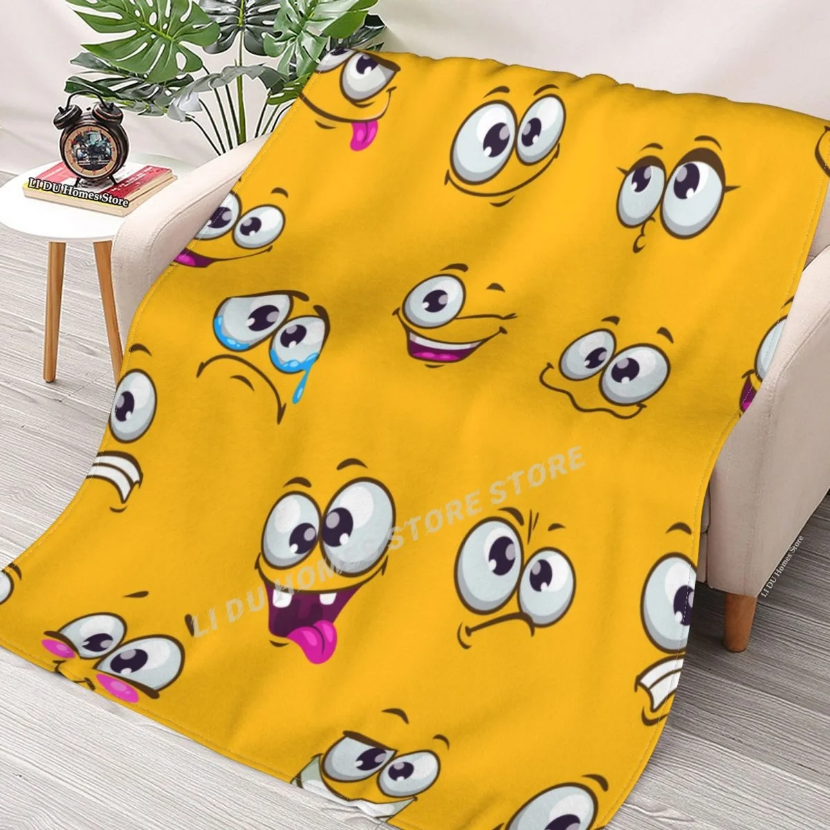 

Funny Cartoon Face On Yellow Background Throw Blanket flannel Collage Blanket Bedding soft Cover Bedspreads Blankets