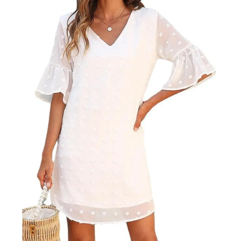 

Women V-neck Solid Dress Female High Quality Short Sleeve Midi Casual Elegant Pullover Dresses Ladies Lace Print Vestidos A11