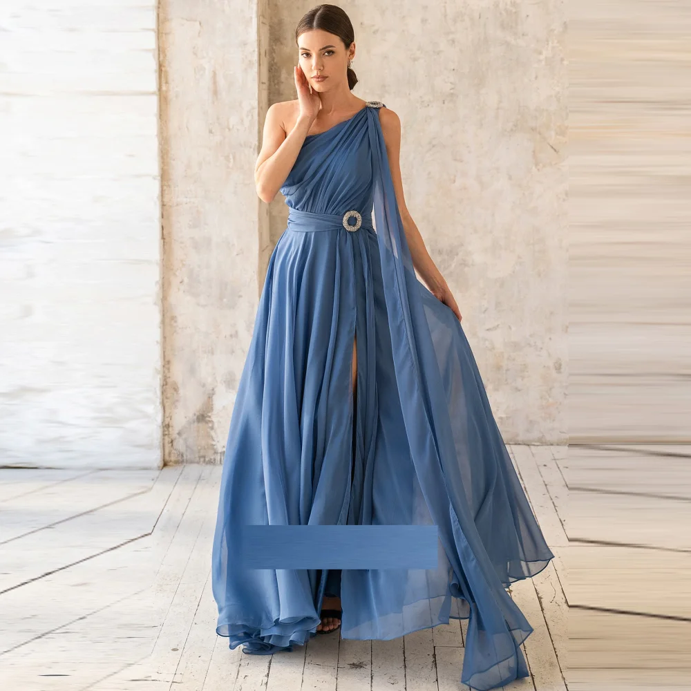 

POMUSE One-Shoulder High Split Prom Dresses Sleeveless Floor Length A-Line Blue Party Evening Dress robe de soirée de mariage