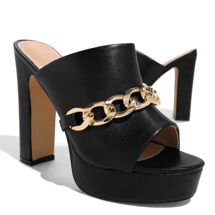 

European and American Style Fashion Womens Thick Heel Sandals Fish Mouth Shoes Women Metal Chain Platform Slippers