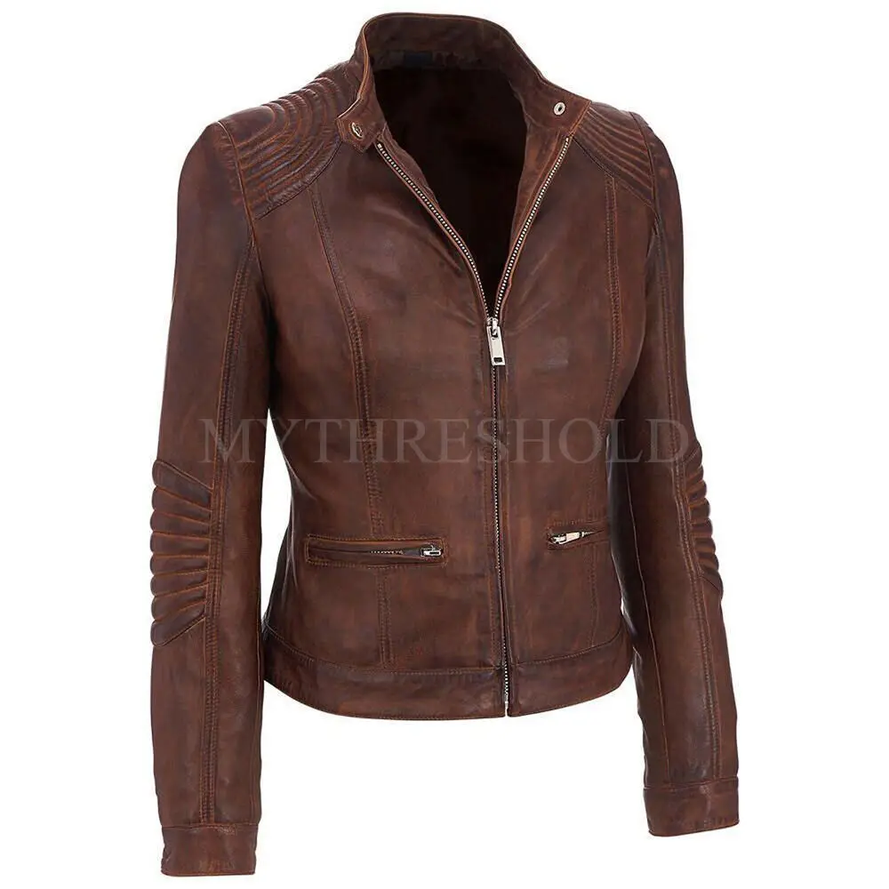 New Women Cafe Racer Moto Biker Distressed Brown Vintage Real Leather Jacket