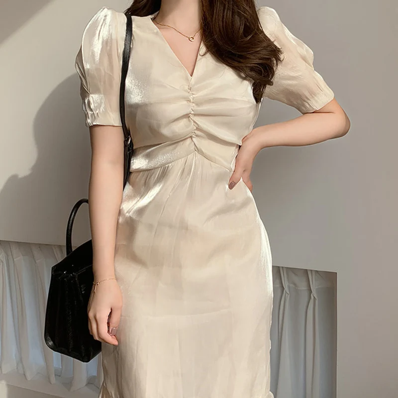 Vintage Fashion Korean Style Sexy Maxi Dress for Women Elegant Summer OL Chiffon Ruffle Solid V-neck Mermaid Party Dresses 2022