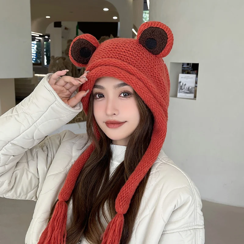 Frog Woolen Cap Women Autumn and Winter Korean Ins Cute Knitted Sleeve Green Earmuff Warm Earmuffs Student
