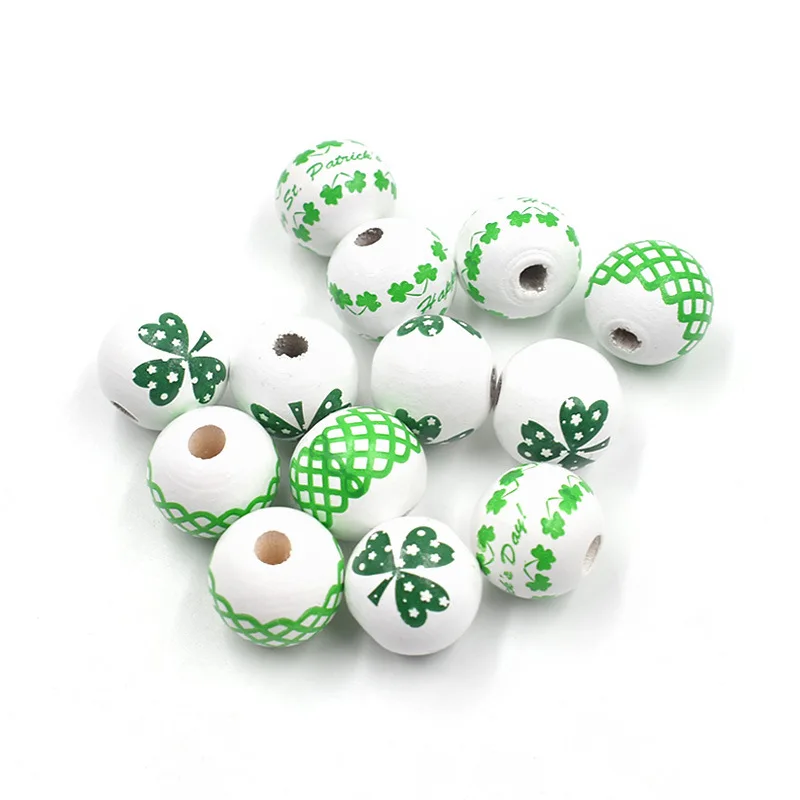 Натуральные бусины 16 мм деревянные с зеленым узором россыпью для рукоделия