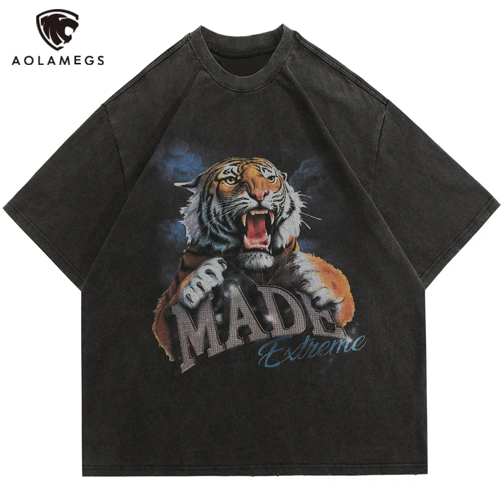 

Aolamegs Oversized Men T-shirts Tiger Letter Print T-shirt Summer Gothic Punk Black Tee Tops Cottons Cozy Fashion Unisex Clothes