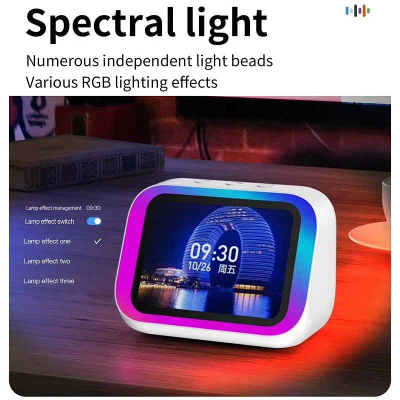 Фото Умная колонка с голосовым помощником AI, Bluetooth, RGB-подсветкой, будильником, LED-экраном и отображением погоды №1