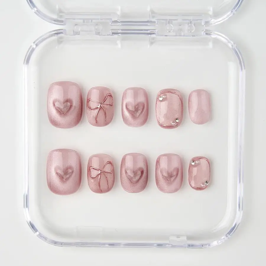 10 шт. розовые накладные ногти ручной работы с блестками кошачий глаз и сердечком