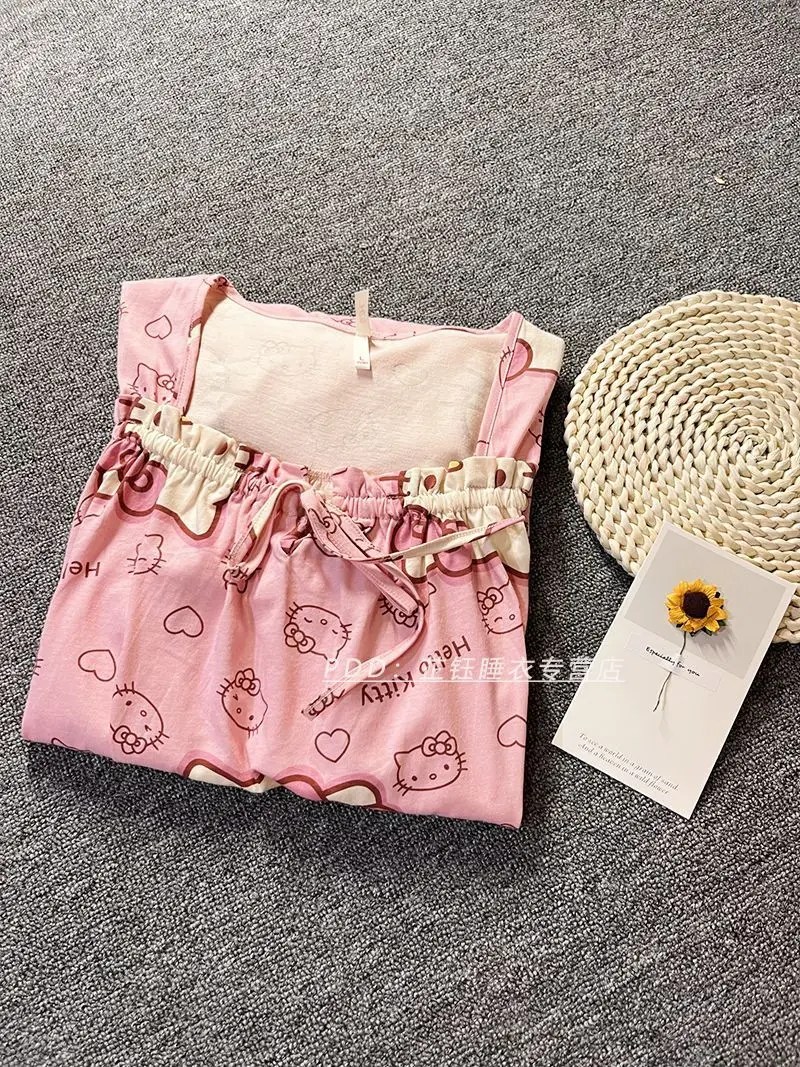 

Anime Kawaii Sanrio Hello Kitty Cartoon Cotton Nightdress Female Summer New Print Short-Sleeved Dress Fashion Princess Dress