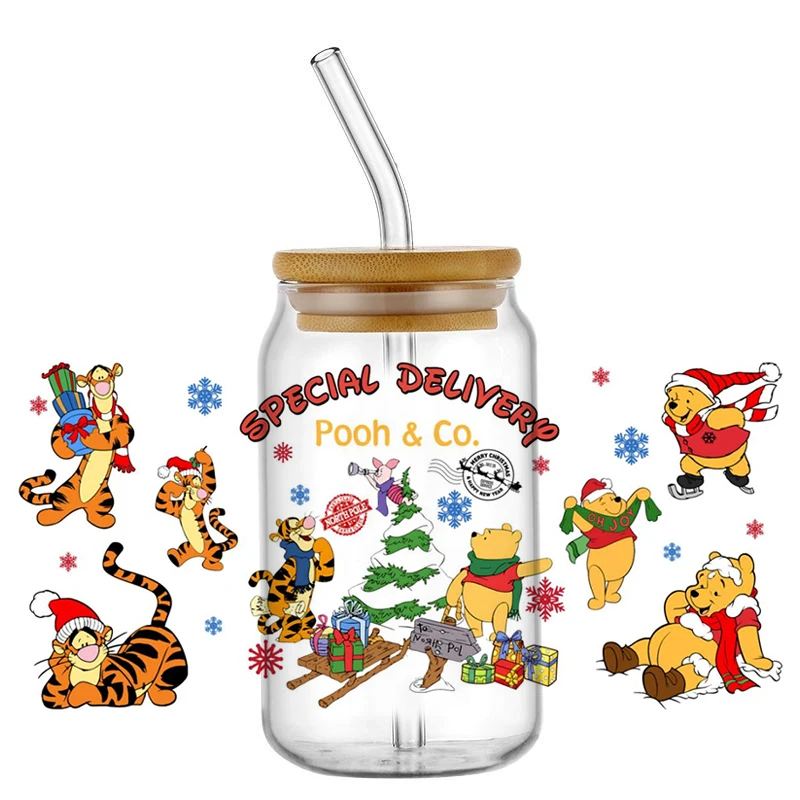 Minoso Cute Santa Stitch 3D УФ DTF наклейка для стекла Libbey 16 унций мультфильм Disney