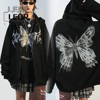 ledp autumn and winter gothic butterfly cardigan hooded jacket men and women couple hoodie zipper jacket jacket y2k hoodie