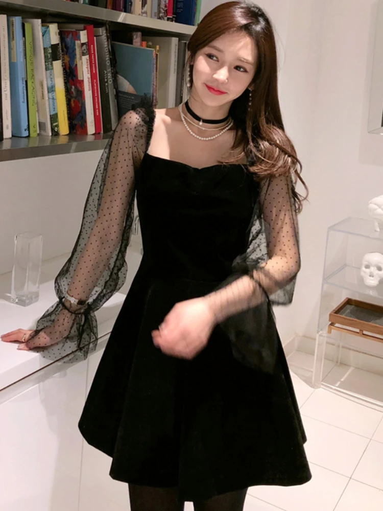 Мини-платья женские винтажные с квадратным воротником в горошек сетчатые