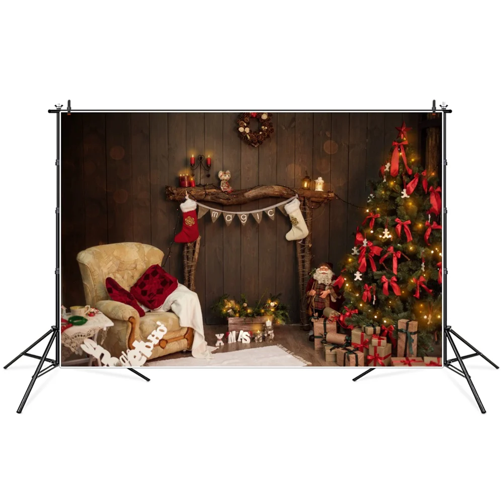 

Christmas Tree Gifts Fireplace Shelf Planks Wall Room Photography Backgrounds Custom Baby Party Decoration Photo Booth Backdrops