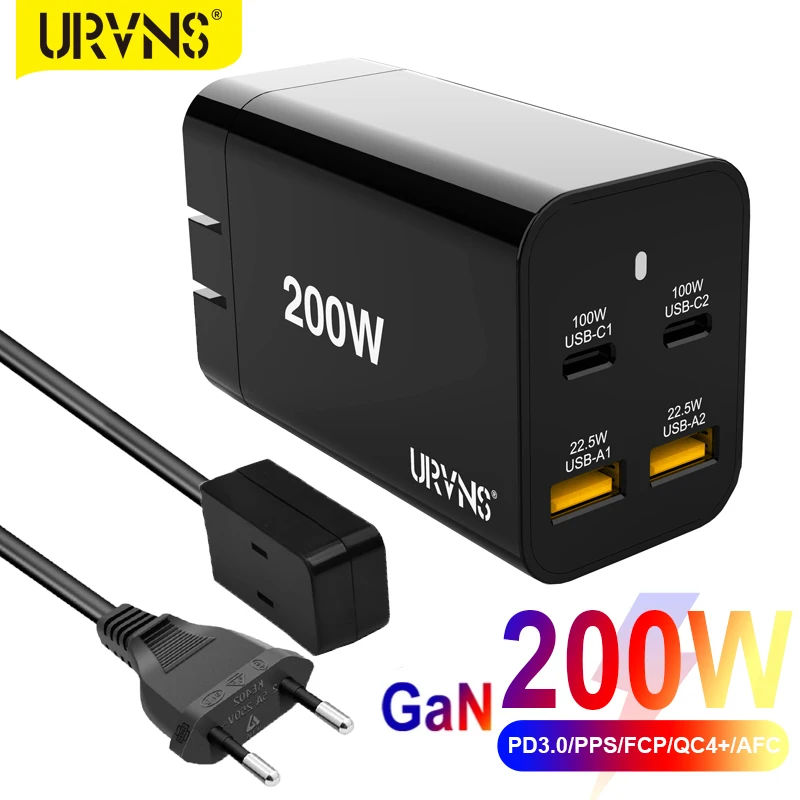 Сетевое зарядное устройство URVNS 200 Вт GaN USB C с 4 портами PD 100 PPS 45 QC4 SCP для ноутбуков