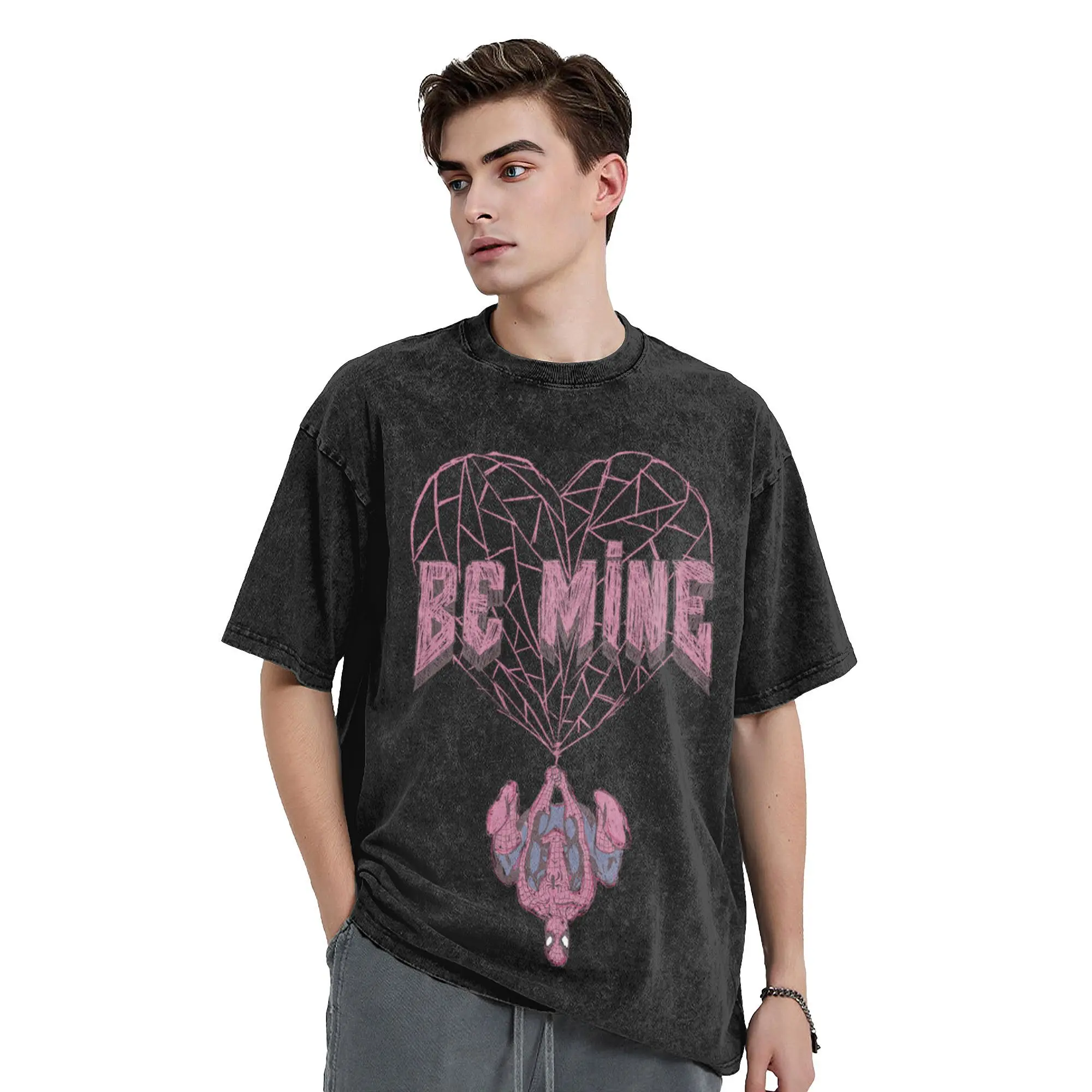Spiderman Be Mine Web Heart T Shirt Hip Hop Washed 100% Cotton Harajuku T-Shirts Men Women Tops Streetwear Graphic Printed Tees