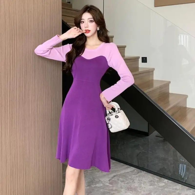 

Женское трикотажное платье в стиле ретро, маленькое контрастное платье-трапеция с длинным рукавом и имитацией двух частей, весна-осень