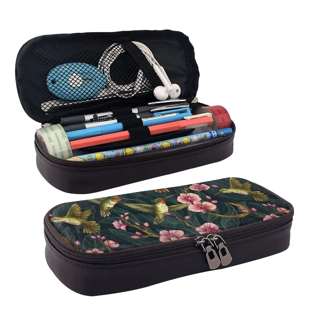 

Birds And Flowers Leather Pencil Case Zipper Pencil Box Stationery Pen Pouch for Boys Girls School Students Work Office