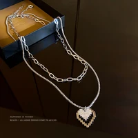 double layer overlapping splicing love diamond pendant niche design titanium steel necklace womens sweater headwear