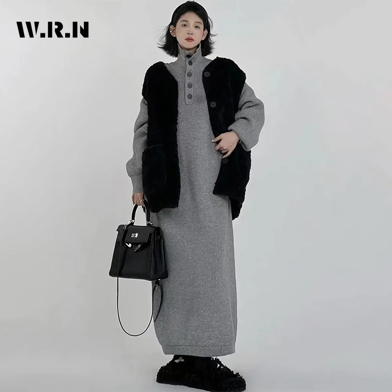

2023 Autumn Winter Vintage Long Sleeve Solid Half High Collar Midi Dresses Women Elegant Casual Warm Knitting A-Line Dress