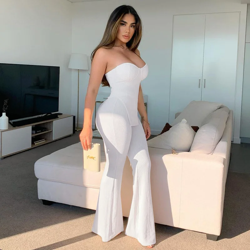 

Sylph Autumn Winter Clothes Solid Women's Set Elegant Women 2 Piece Sets Outfits Irregular Tube Crop Tanks Flare Pants Suits