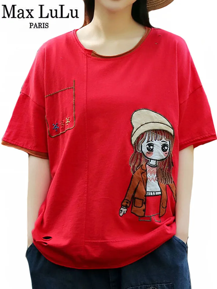 

Max LuLu 2023 Korean Design Womens Spring Loose Classic Cartoon Embroidery Tee Shirts Females Luxury Vintage Leisure Cotton Tops
